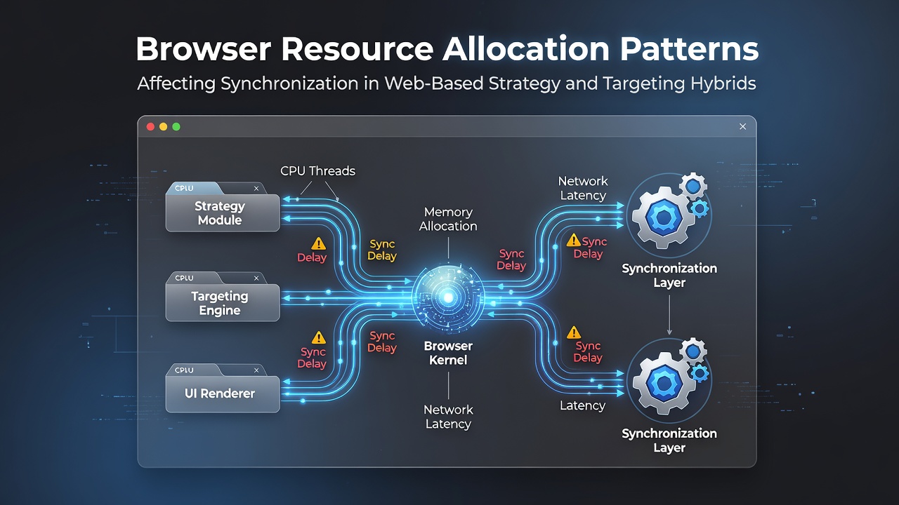 Diagram showing browser resource allocation across multiple tabs with synchronization indicators for strategy game elements