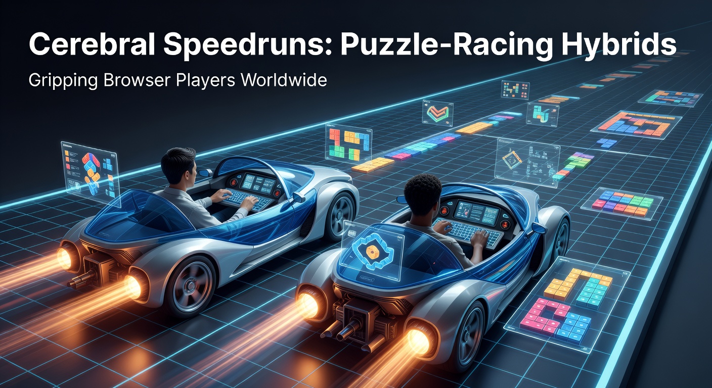 Dynamic screenshot from a cerebral speedrun browser game, featuring a neon-lit track where a vehicle navigates shifting puzzle mazes at high speed