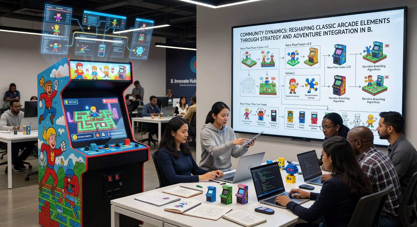Integrated browser gameplay showing strategy planning screens alongside adventure exploration in community-driven arcade hybrids
