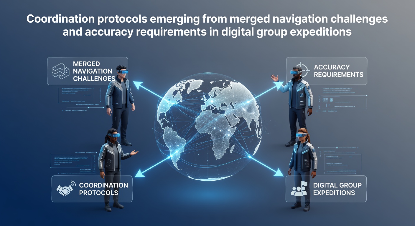 Digital group expedition interface showing shared navigation overlays and accuracy indicators in a virtual team environment