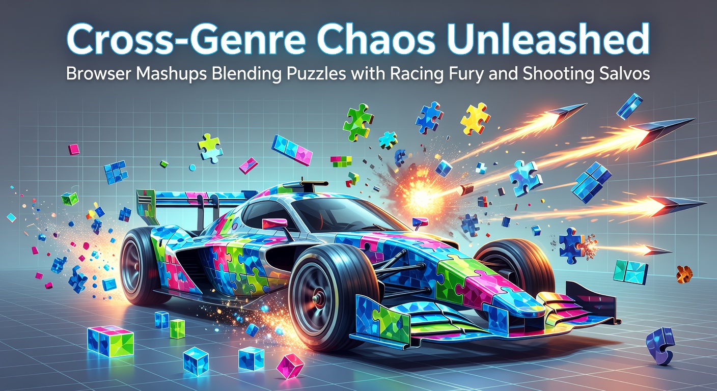 Dynamic screenshot of a browser game where a speeding vehicle navigates puzzle gates while dodging enemy fire
