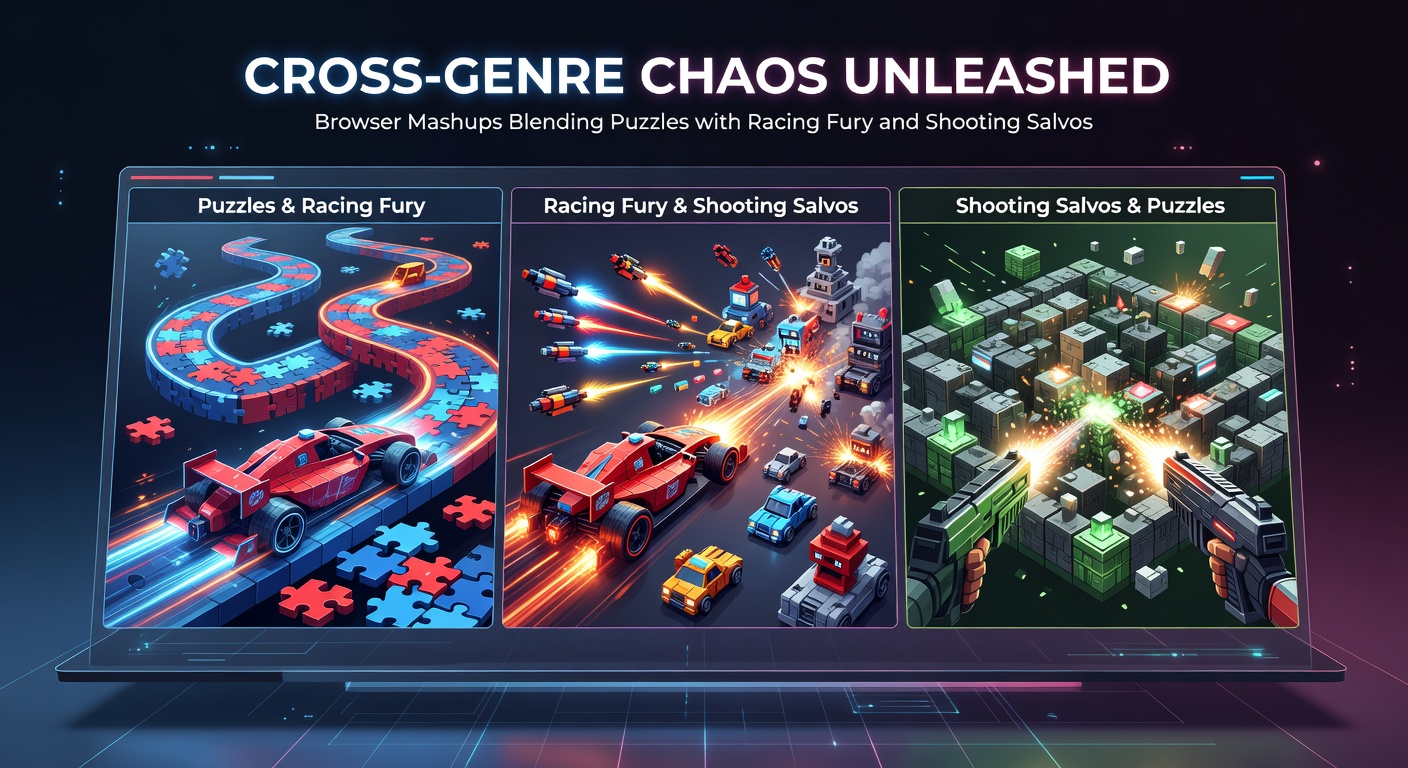 Intense action shot of puzzle-racing-shooter hybrid with explosions, speeding cars, and floating puzzle elements
