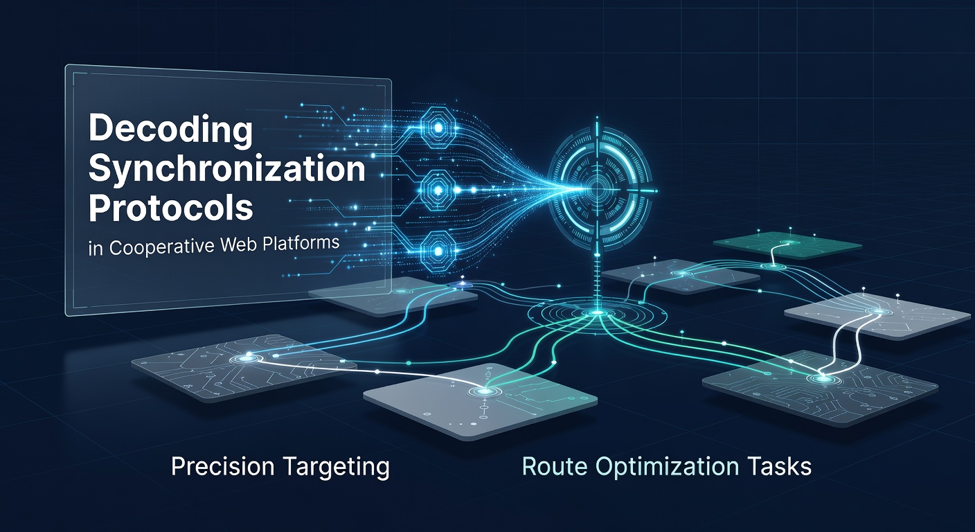 Diagram showing synchronization protocols linking precision targeting modules with route optimization engines in a cooperative web platform interface