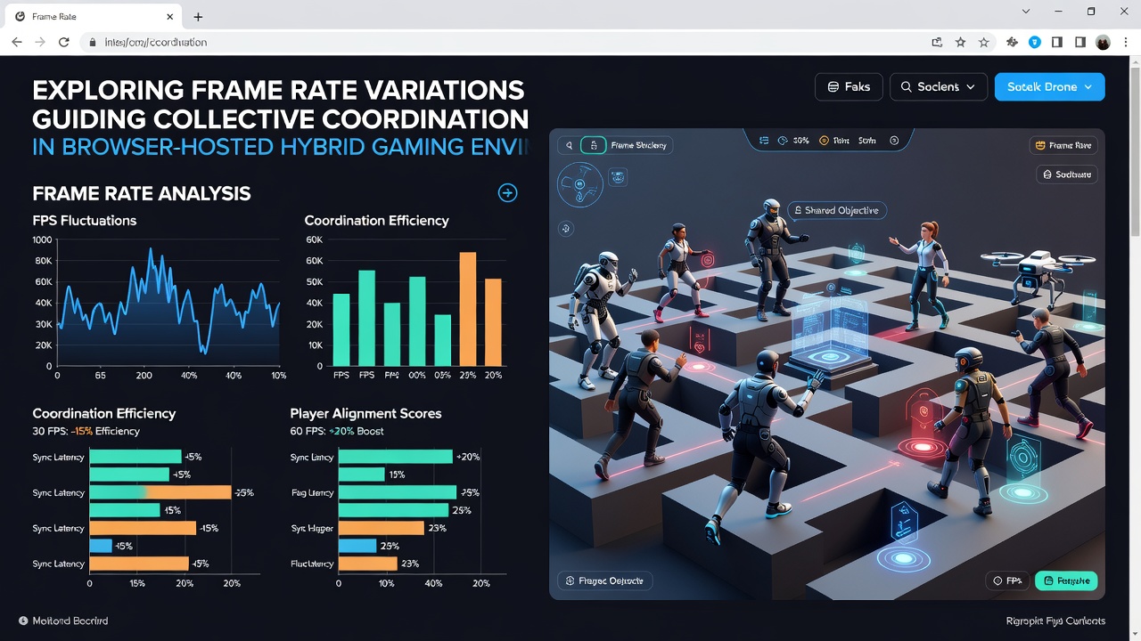 Team coordination visualization in a browser hybrid game with frame rate graphs tracking synchronization during combined racing and puzzle challenges