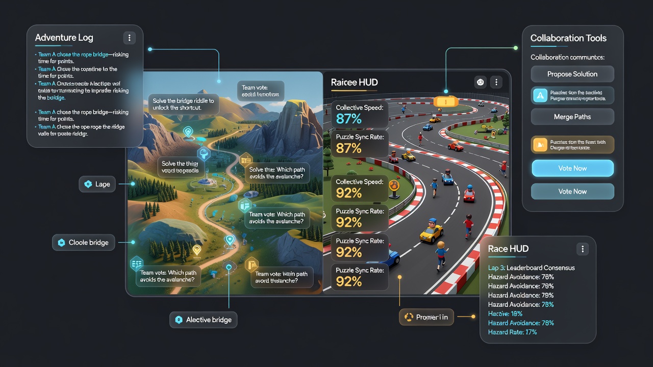 Group of players using split-panel layouts to coordinate navigation and timing tasks in a web adventure-racing game