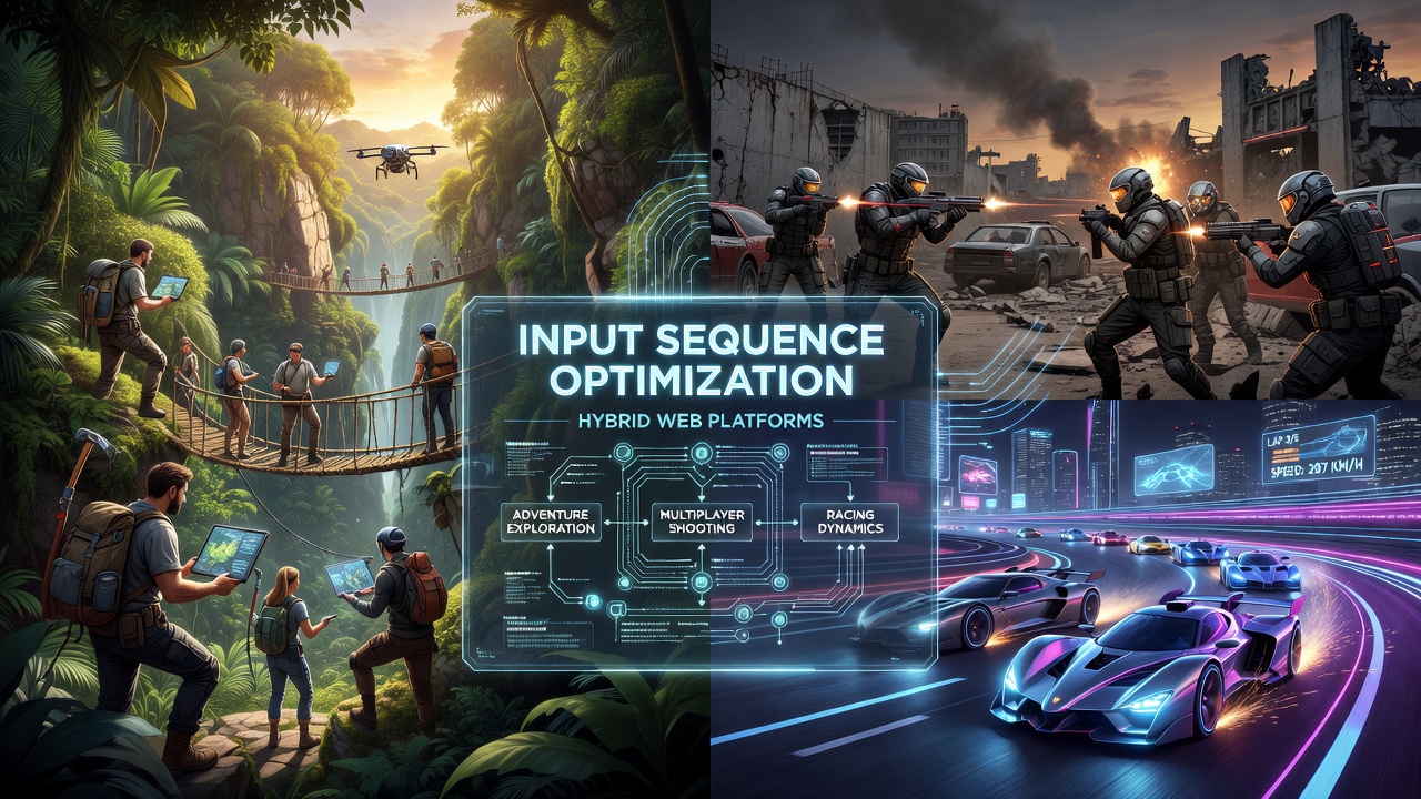 Illustration of input sequence optimization in a browser-based hybrid game combining adventure maps, shooting targets, and racing tracks