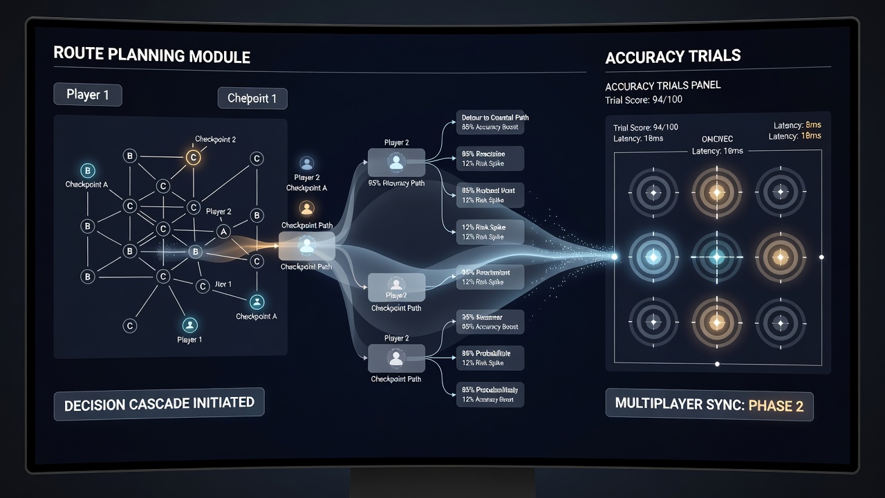 Web multiplayer game interface showing route planning overlays and accuracy targeting cues in a hybrid browser environment