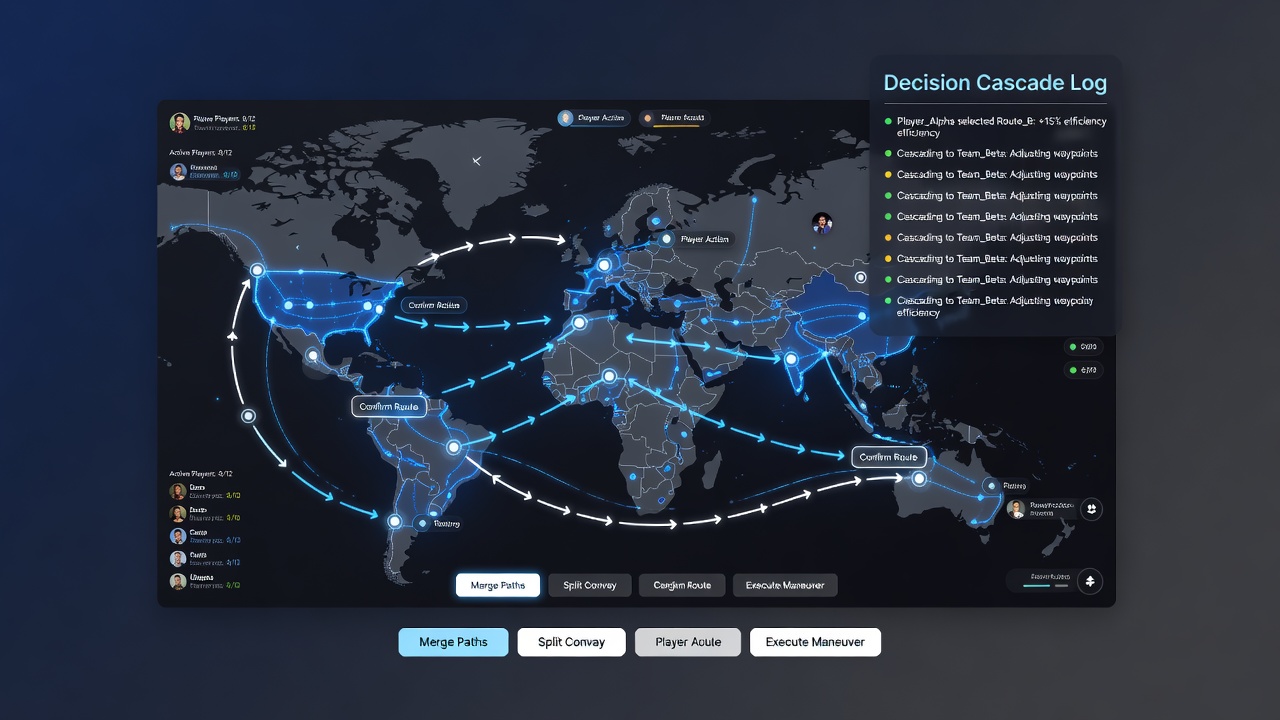 Close-up view of multiplayer coordination screen with cascading decision indicators and synchronized route accuracy metrics