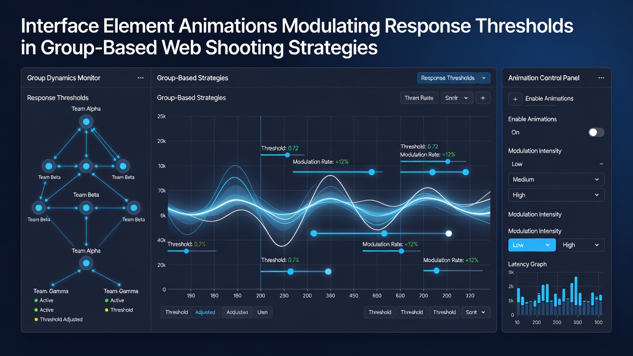 Team coordination view in a web shooting game with animated status indicators affecting response timing across multiple players