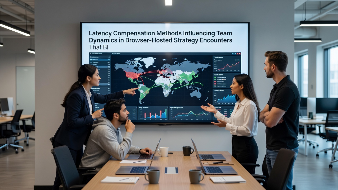 Team coordination screen in a browser strategy game highlighting latency indicators and shared navigation markers