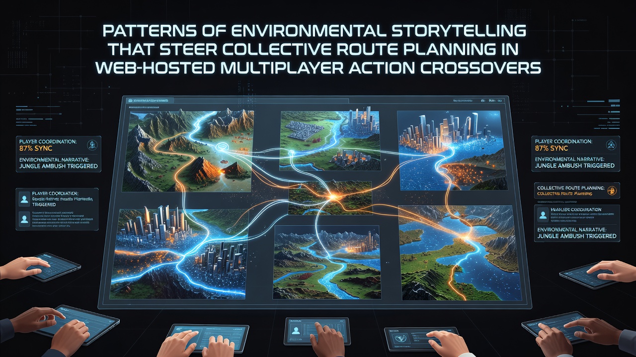 Browser-based multiplayer game interface showing environmental clues guiding group route decisions in a hybrid action crossover