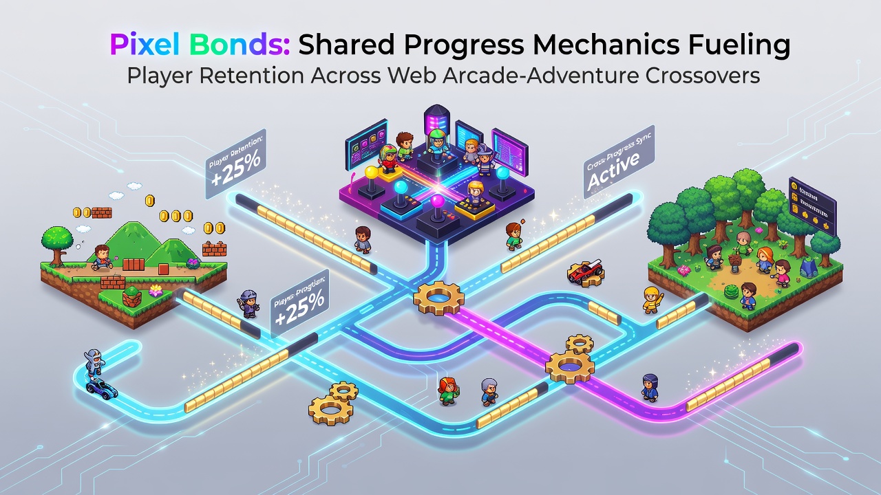 Illustration of interconnected pixel characters collaborating in a browser-based arcade-adventure crossover environment with shared progress bars and collective unlocks