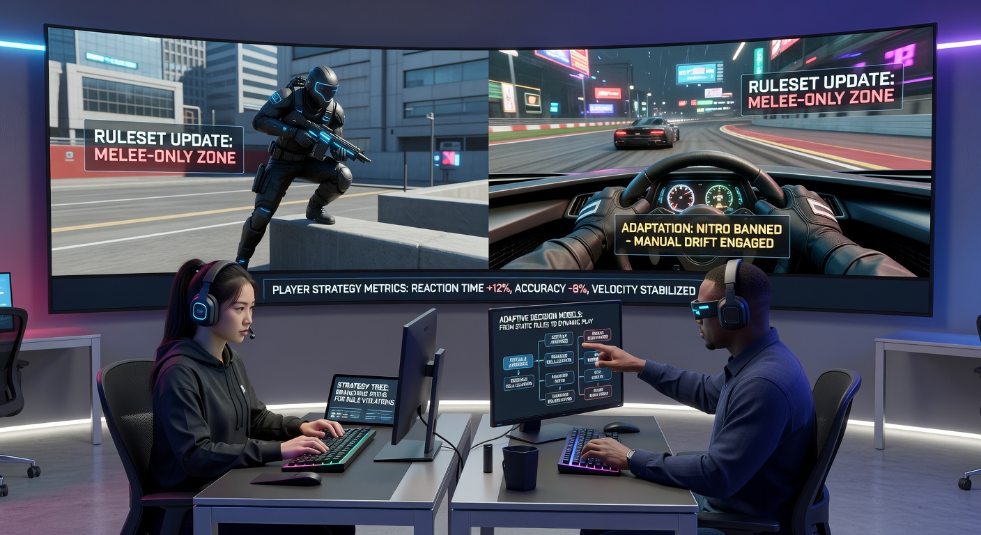 Racing game dashboard displaying telemetry adjustments after a ruleset update in an online multiplayer event
