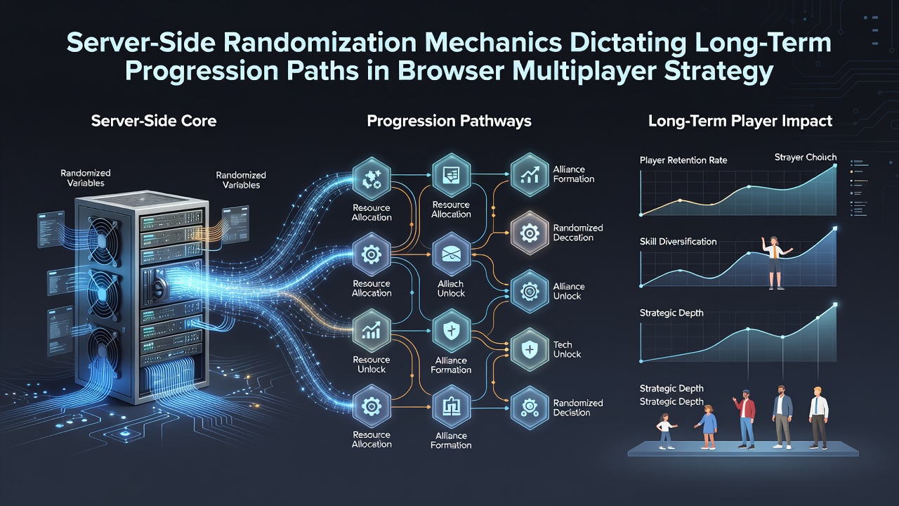 Browser strategy hybrid gameplay demonstrating randomized progression paths and team coordination