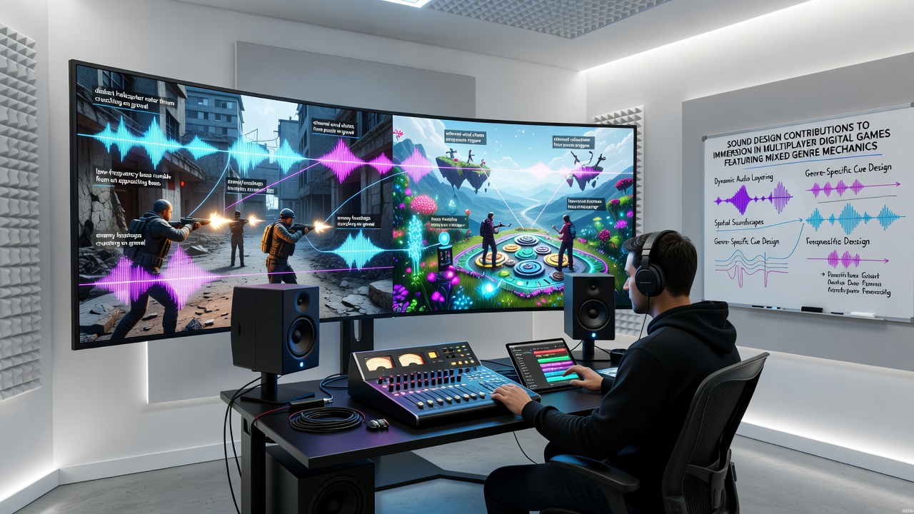Players coordinating in a browser-based mixed genre game with visible audio waveform overlays for racing and shooting mechanics