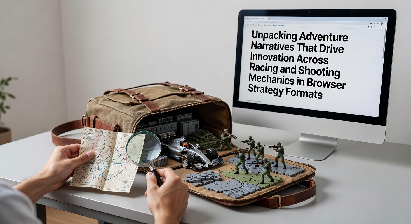 Browser strategy game interface showing narrative-driven racing and shooting elements